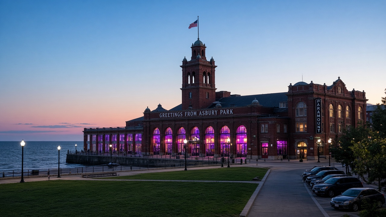 Convention Hall lit up at dusk beside the boardwalk in Asbury Park