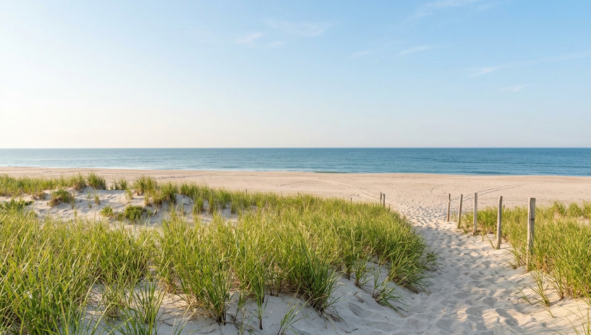 Beach grass and pale dunes overlooking a calm Jersey Shore morning