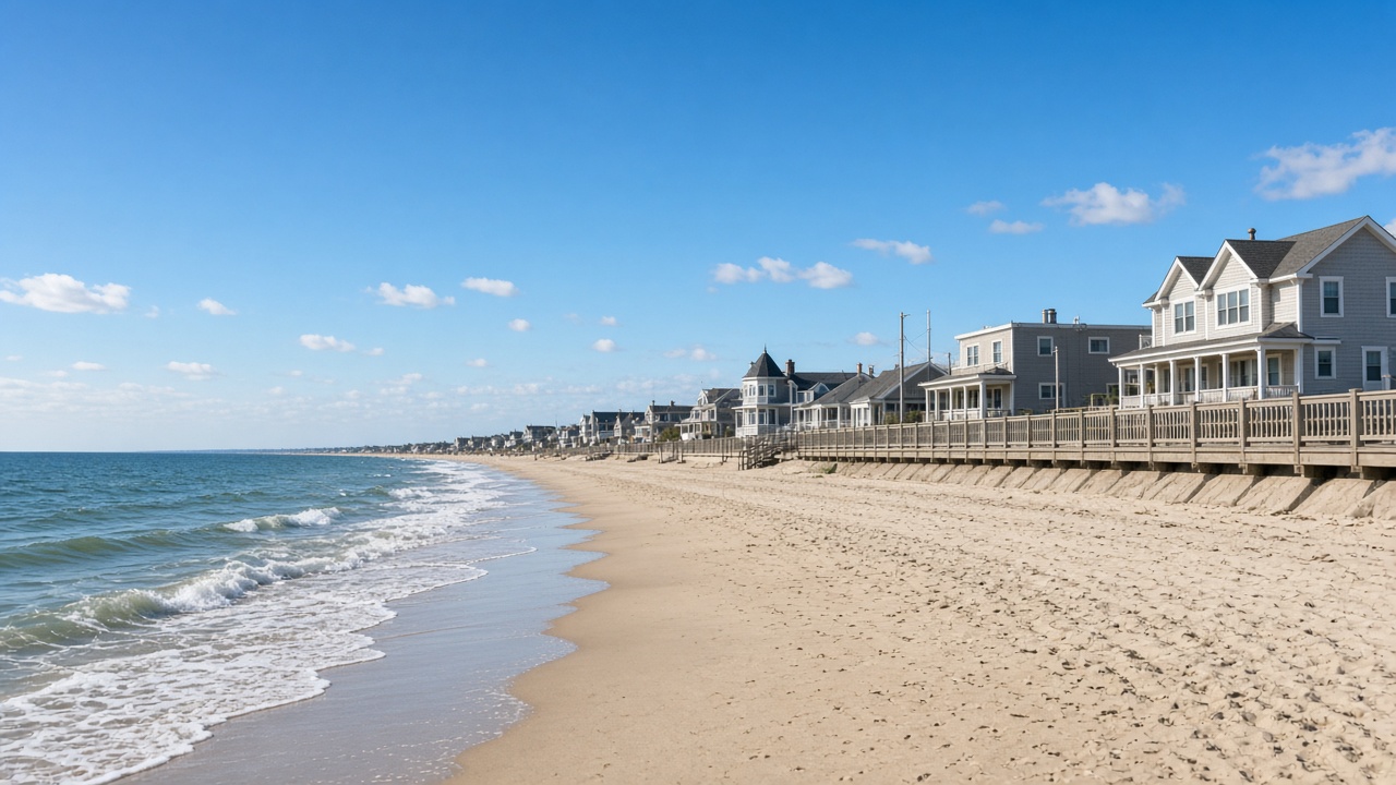 Wide sandy beach and gentle surf beside beachfront homes in Point Pleasant Beach
